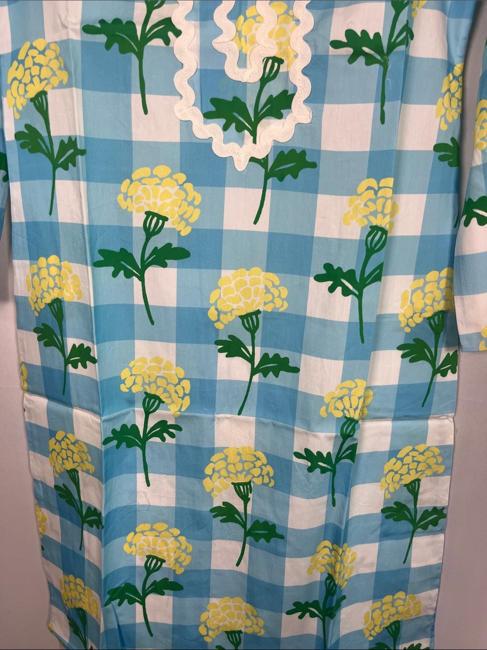 Sail to sable NWT blue yellow white floral gingham cotton kaftan dress sz s - Picture 4 of 9